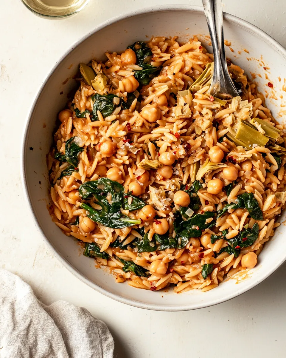 classic One-Pot Spinach Artichoke Orzo with Chickpeas (Vegan) image