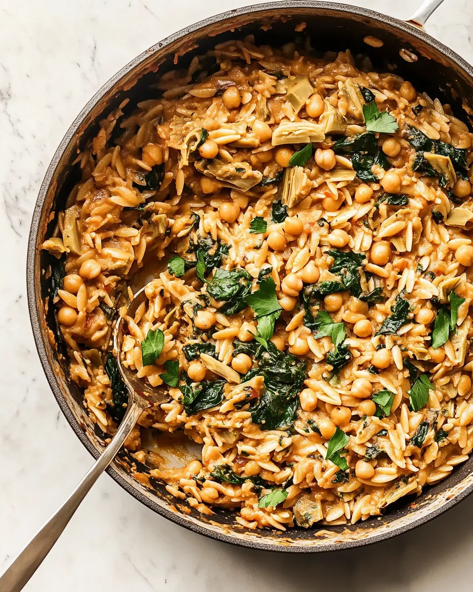easy One-Pot Spinach Artichoke Orzo with Chickpeas (Vegan) picture