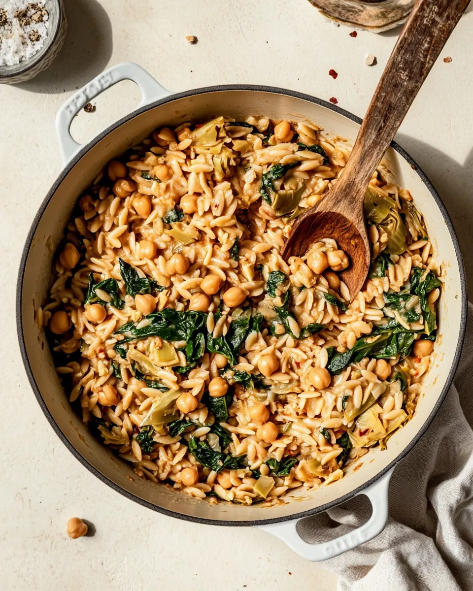 delicious One-Pot Spinach Artichoke Orzo with Chickpeas (Vegan) shot