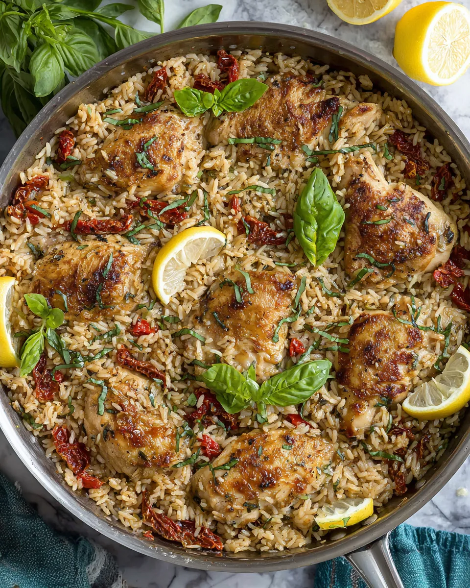 Homemade One Pan Chicken and Rice with Sun Dried Tomato, Parmesan and Basil dish photo
