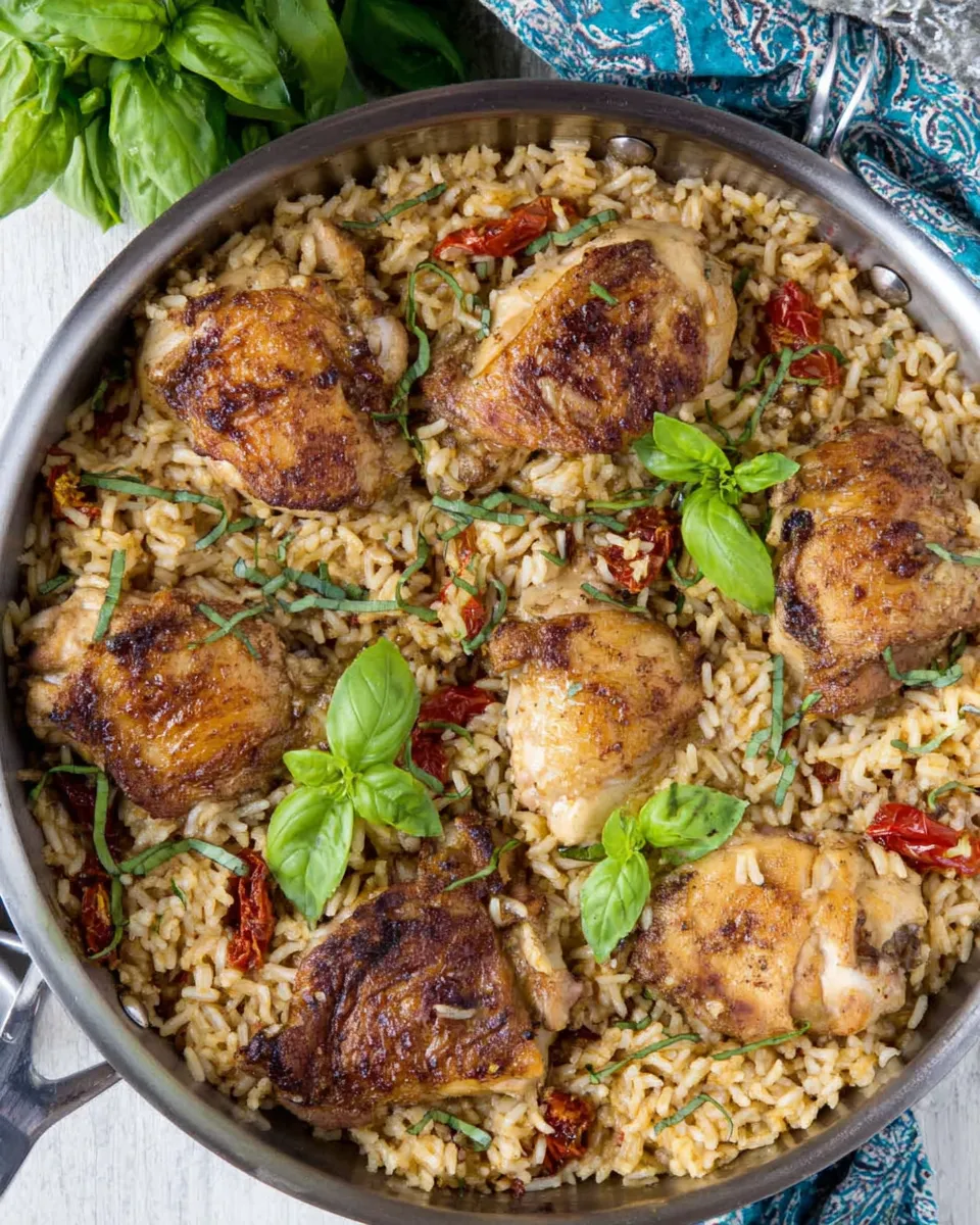 Classic One Pan Chicken and Rice with Sun Dried Tomato, Parmesan and Basil recipe image