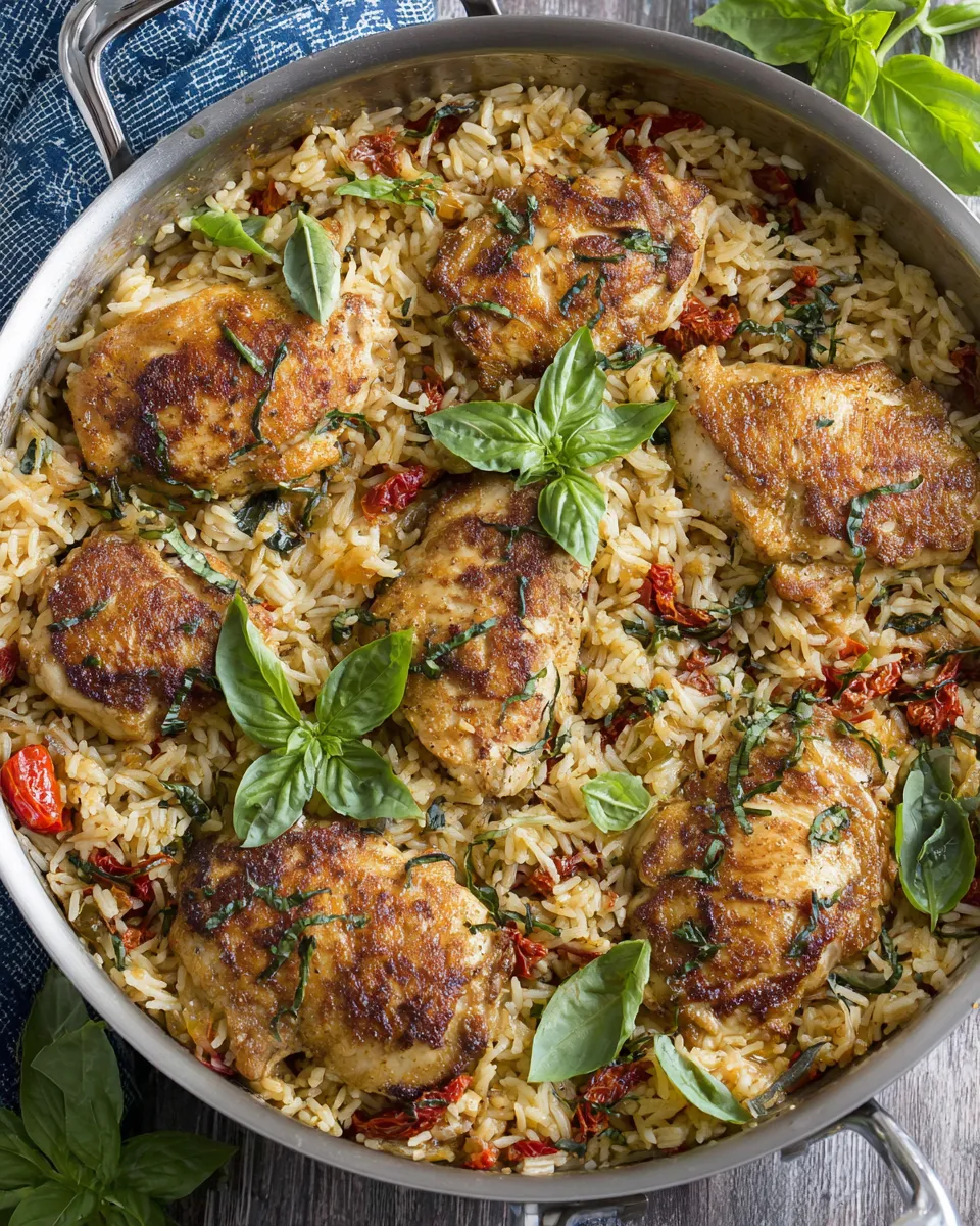 Easy One Pan Chicken and Rice with Sun Dried Tomato, Parmesan and Basil food shot