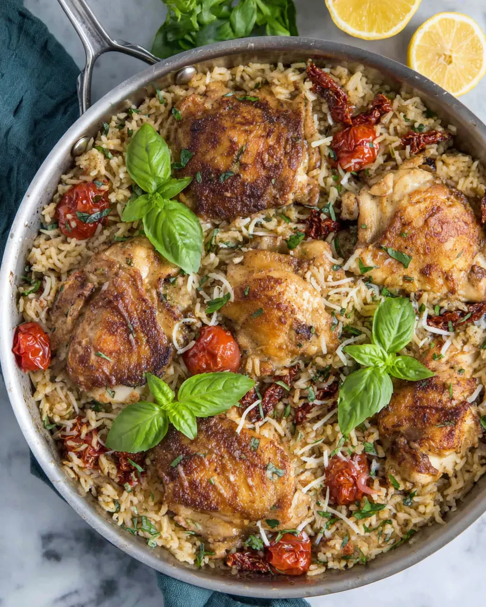 Delicious One Pan Chicken and Rice with Sun Dried Tomato, Parmesan and Basil plate image