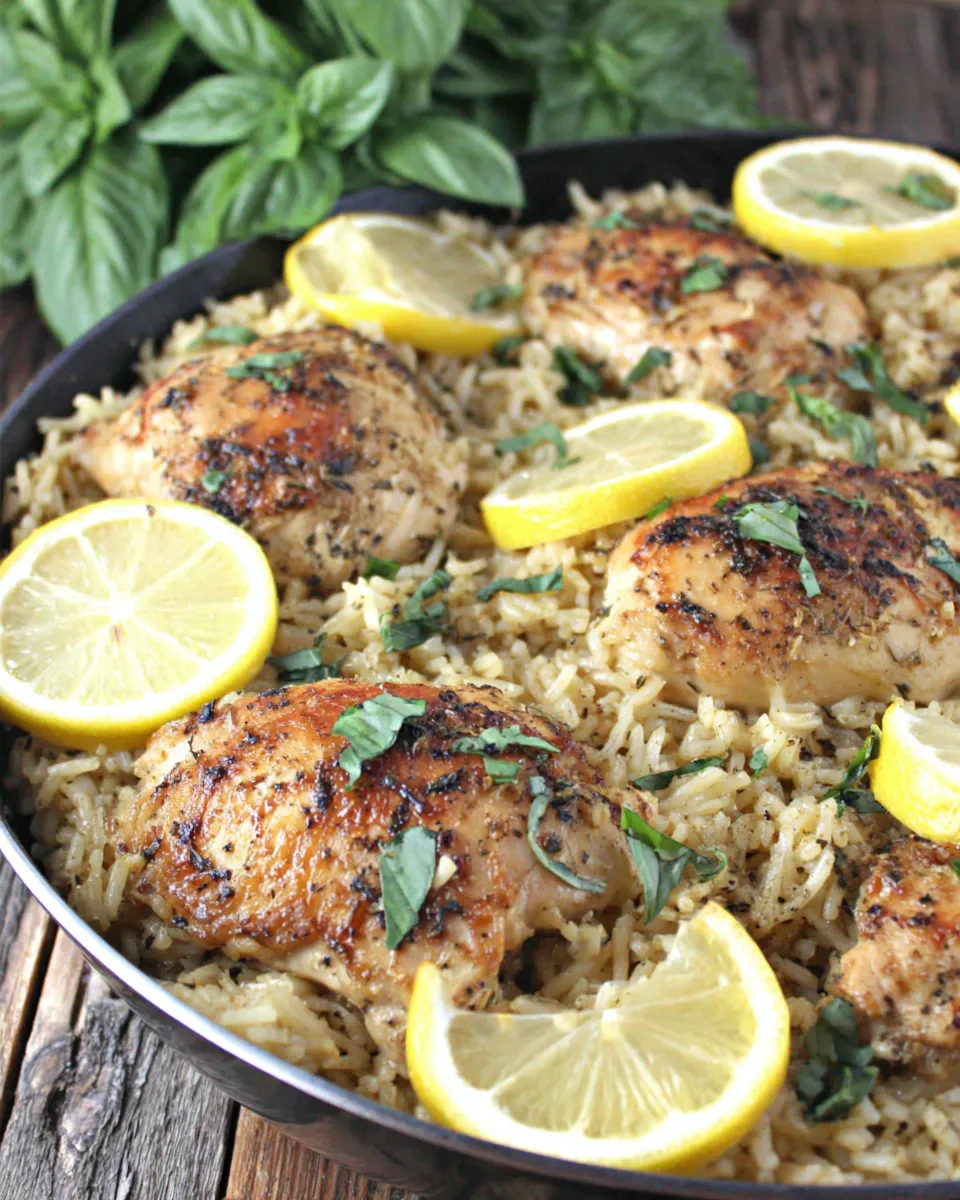 Easy One Pan Lemon Basil Chicken and Rice food shot