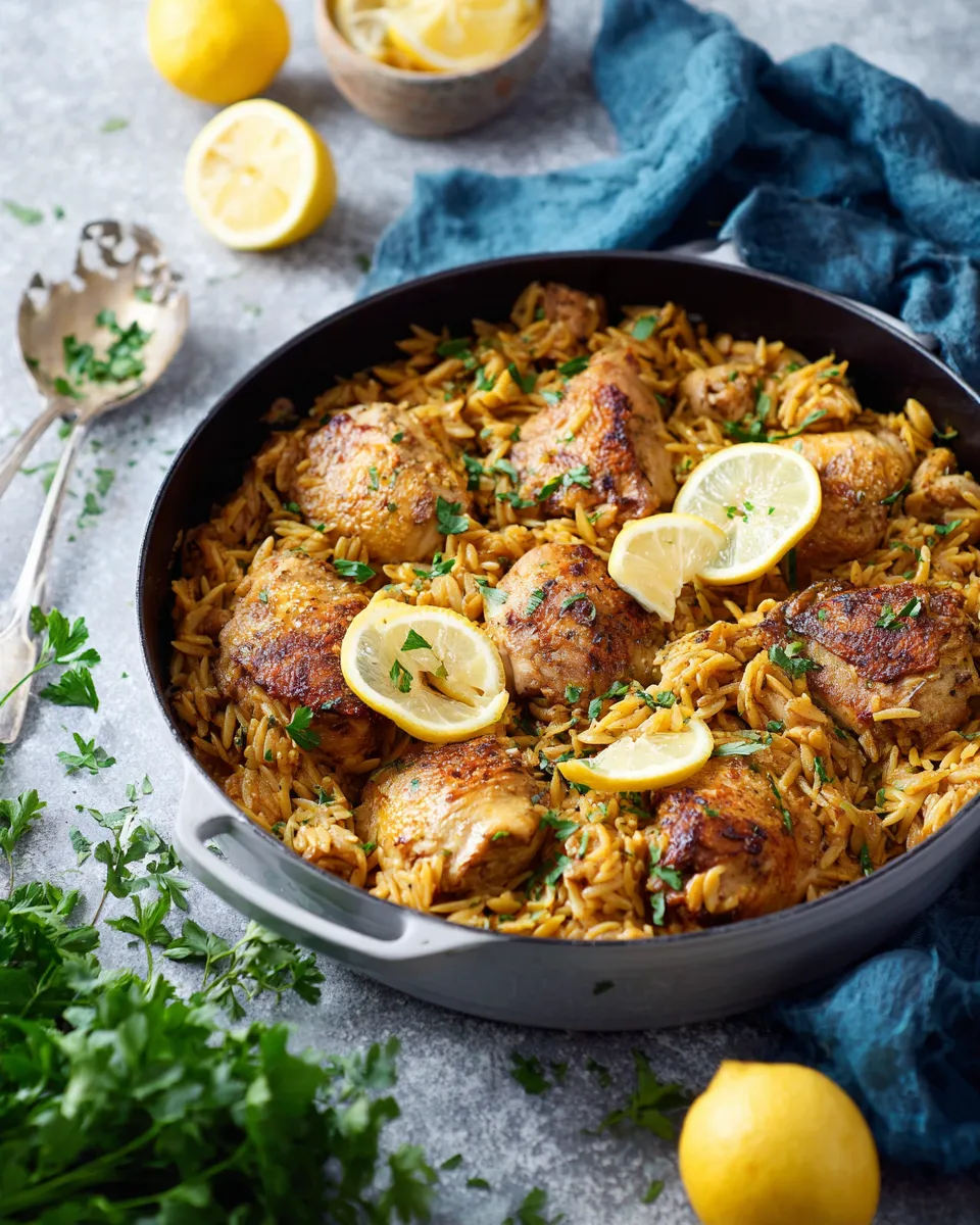Quick One Pan Moroccan Lemon Chicken with Orzo plate image