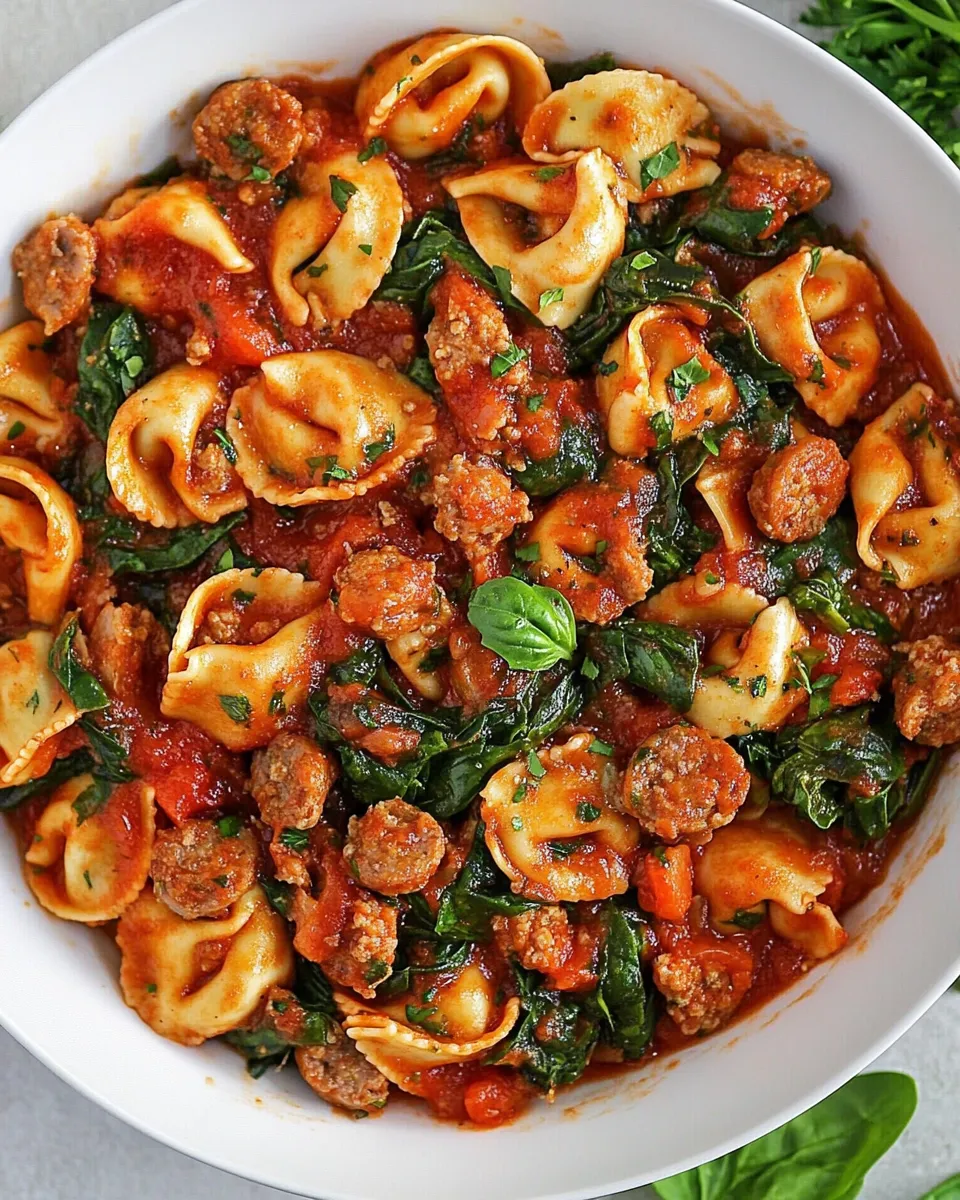 Delicious One Pan Turkey Sausage Spinach and Marinara Tortellini shot