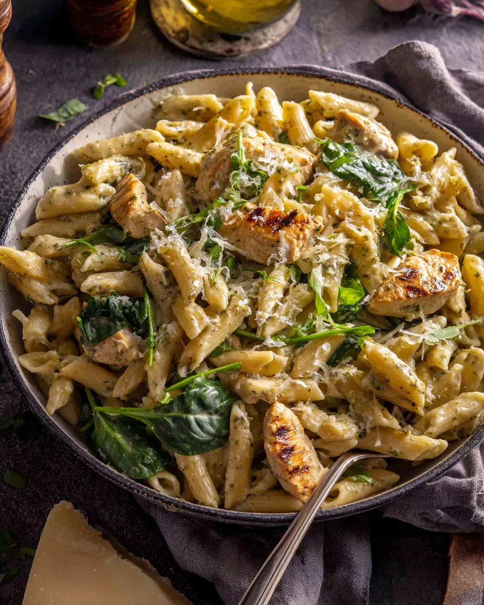 Easy One Pot Chicken Caesar Pesto Pasta. food shot