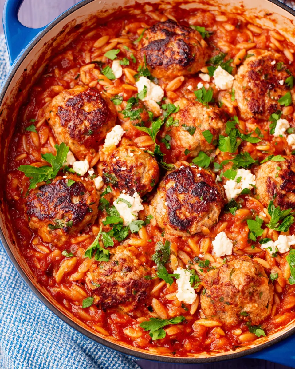 Easy One Pot Chicken Meatball Orzo food shot