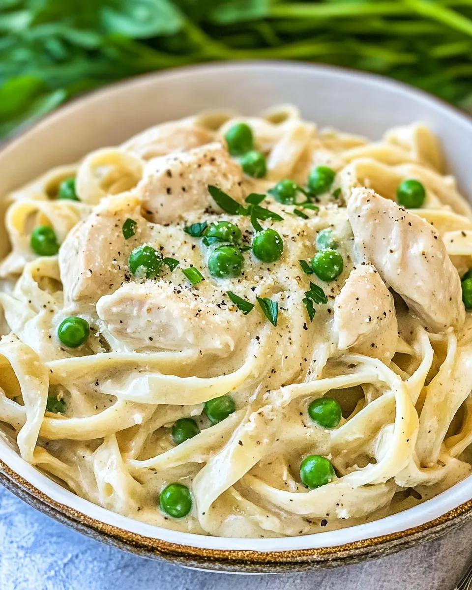delicious One Pot Chicken and Peas Fettuccine Alfredo dish photo