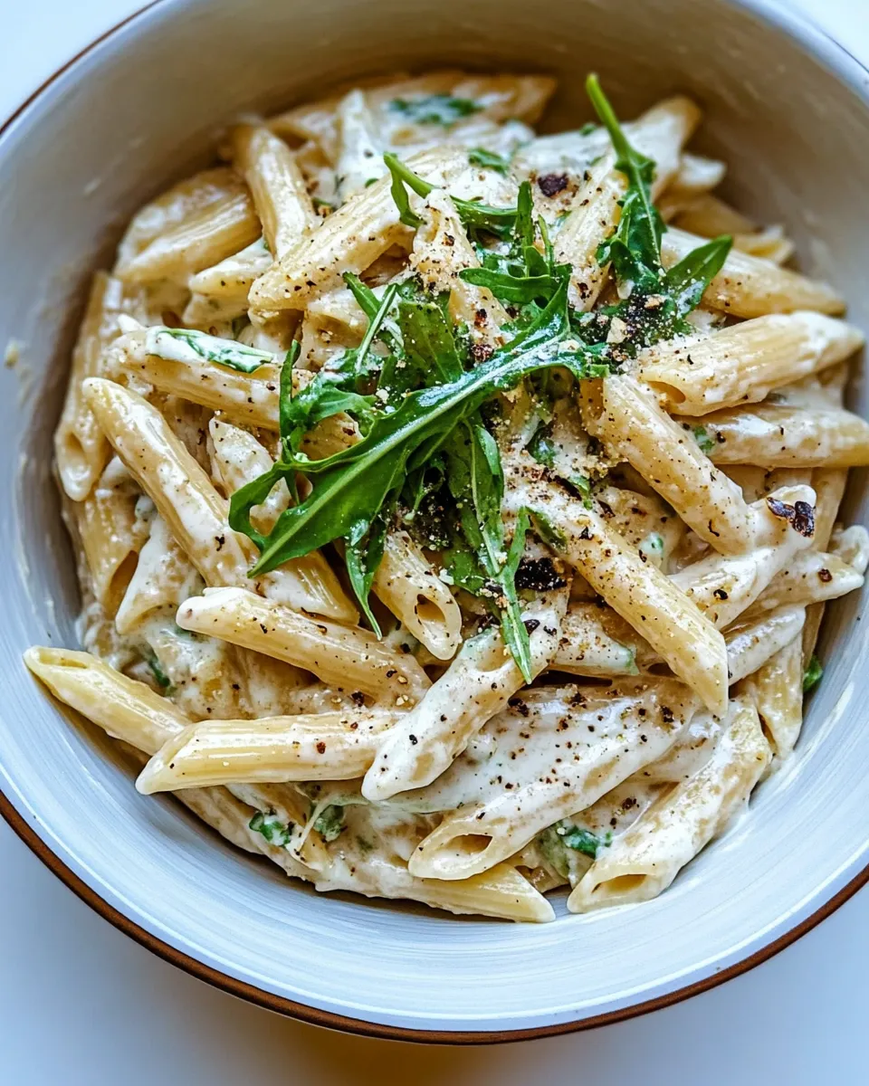 homemade One Pot Creamy Penne Alfredo with Spicy Arugula. photo