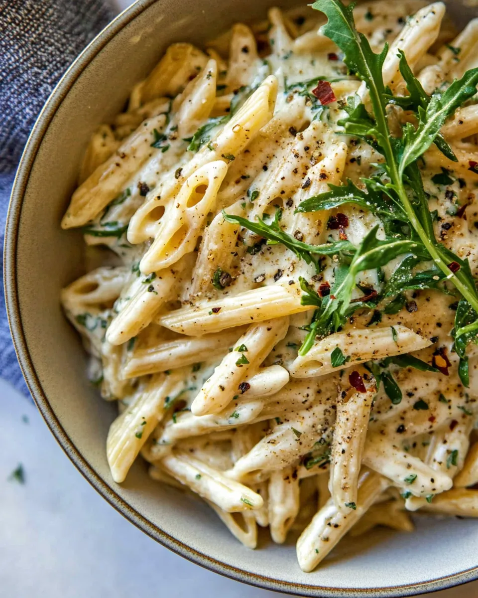 classic One Pot Creamy Penne Alfredo with Spicy Arugula. image