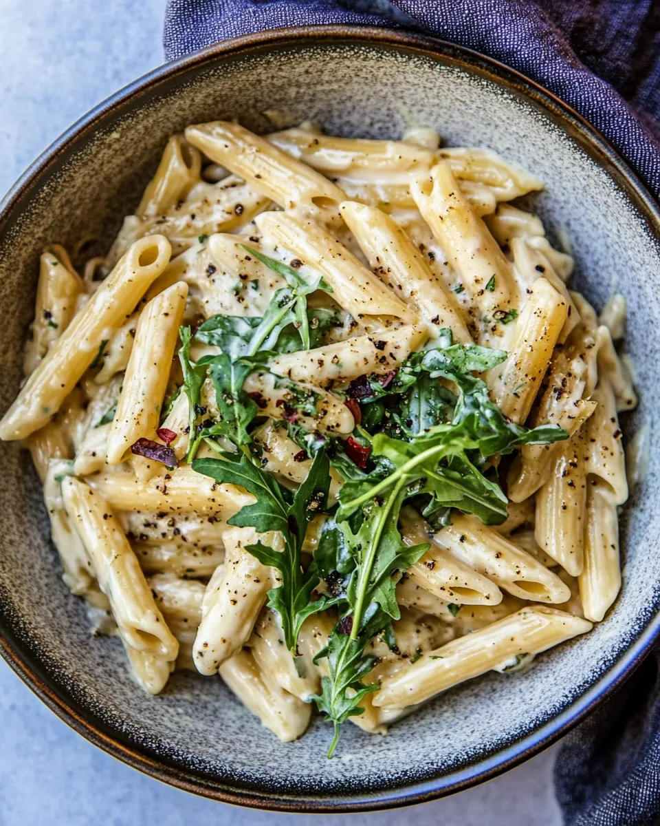 easy One Pot Creamy Penne Alfredo with Spicy Arugula. picture