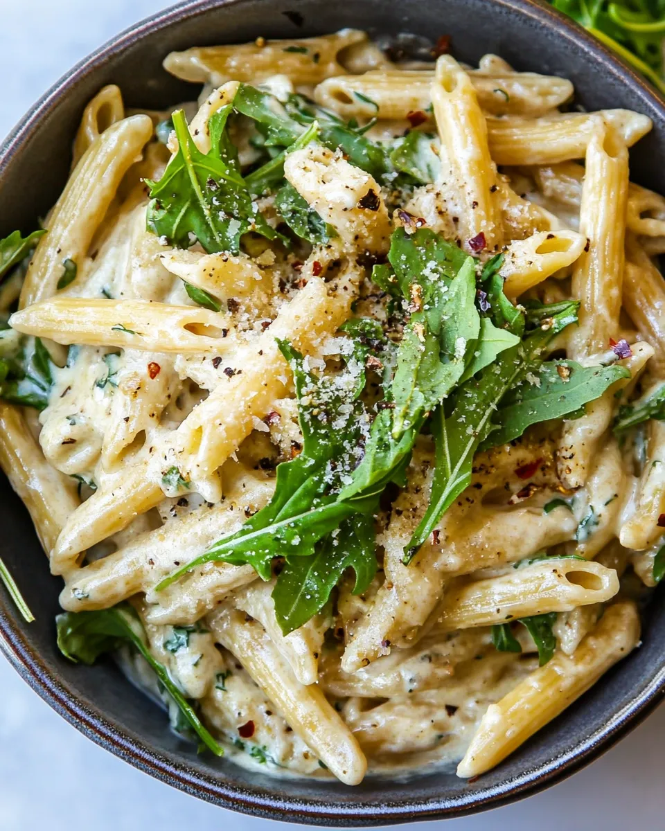 delicious One Pot Creamy Penne Alfredo with Spicy Arugula. shot
