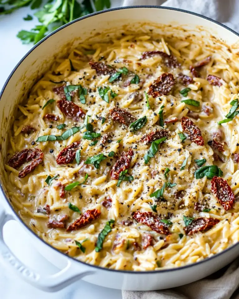 homemade One Pot Creamy Sun-Dried Tomato Orzo. photo