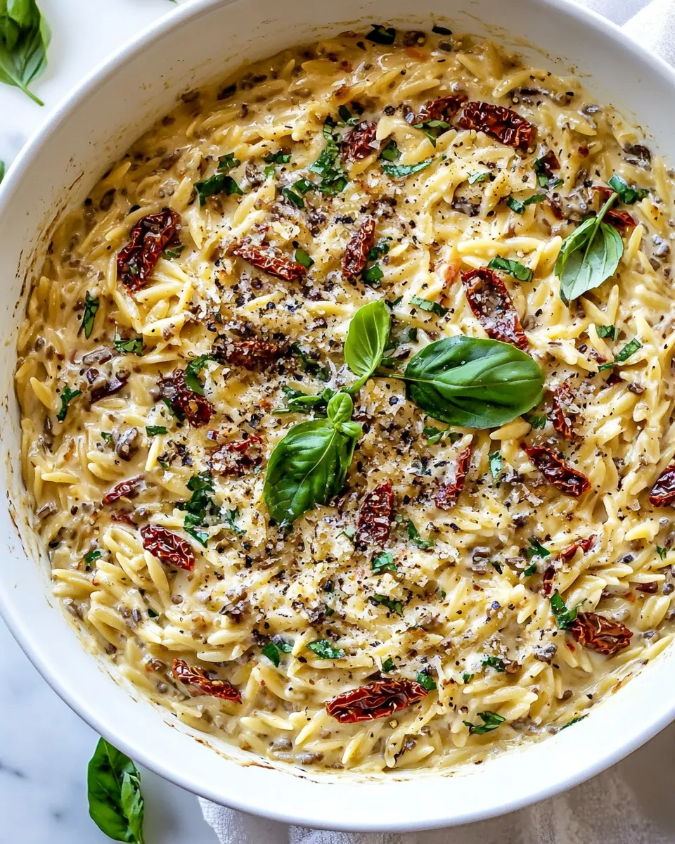 delicious One Pot Creamy Sun-Dried Tomato Orzo. shot