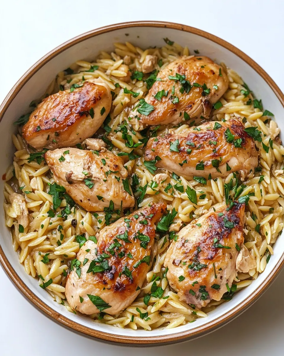 delicious One Pot Garlic Butter Chicken Orzo. food shot
