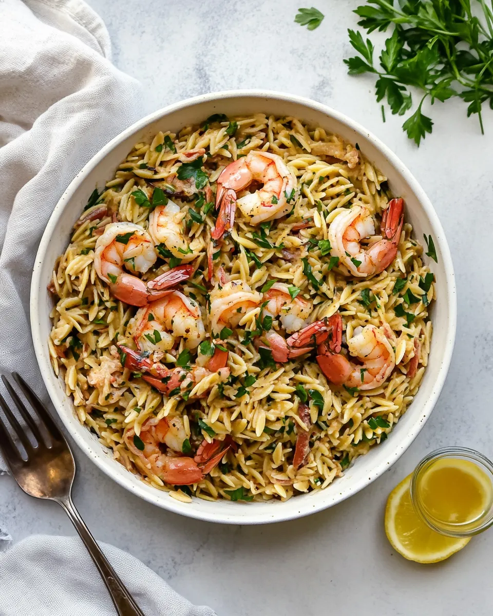 homemade One Pot Garlic Butter Shrimp and Orzo. photo