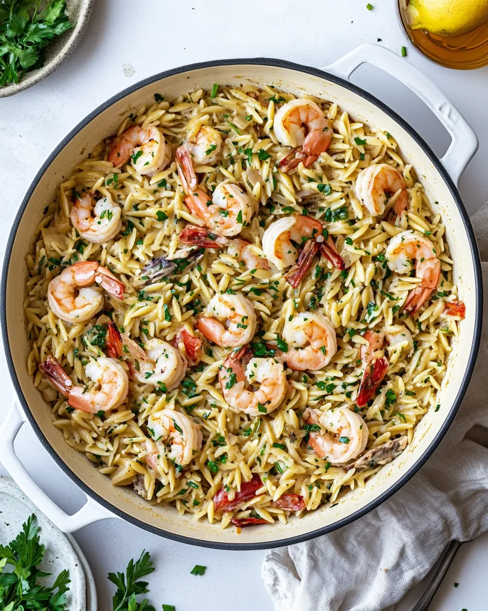 delicious One Pot Garlic Butter Shrimp and Orzo. shot