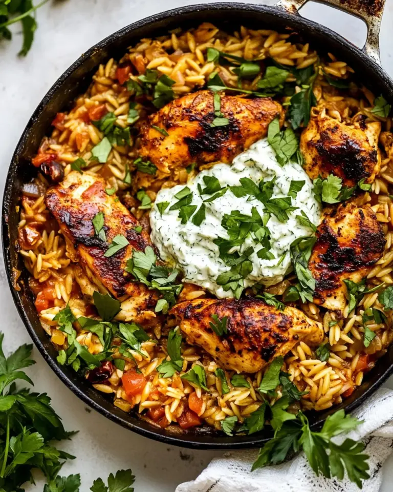 homemade One Skillet Chicken Tzatziki and Orzo. photo
