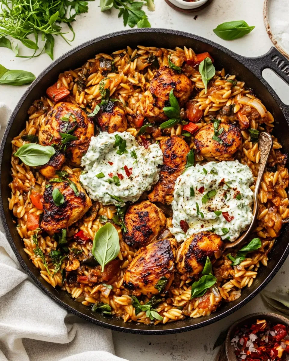 easy One Skillet Chicken Tzatziki and Orzo. picture