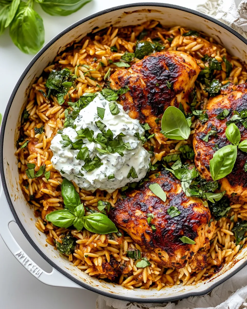 delicious One Skillet Chicken Tzatziki and Orzo. shot