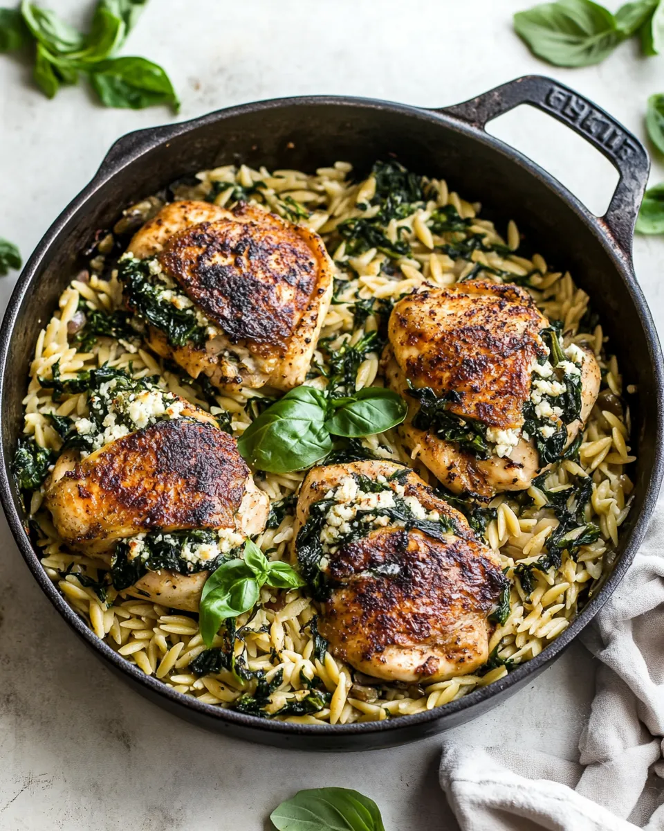classic One Skillet Goat Cheese Stuffed Chicken and Orzo. dish photo