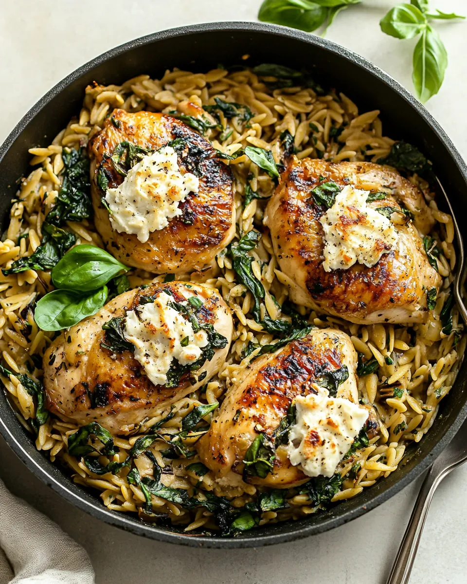 easy One Skillet Goat Cheese Stuffed Chicken and Orzo. photo