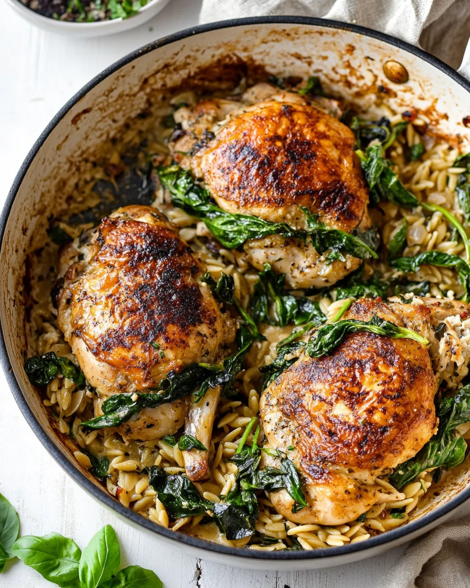 delicious One Skillet Goat Cheese Stuffed Chicken and Orzo. food shot