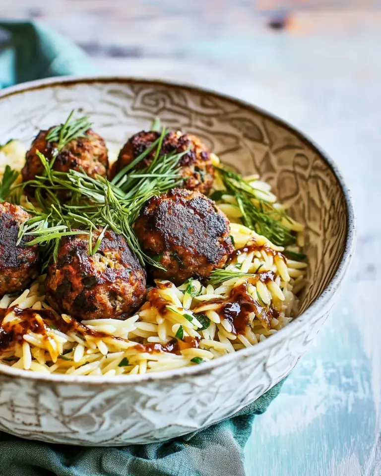 homemade One Skillet Greek Meatballs and Lemon Butter Orzo. photo
