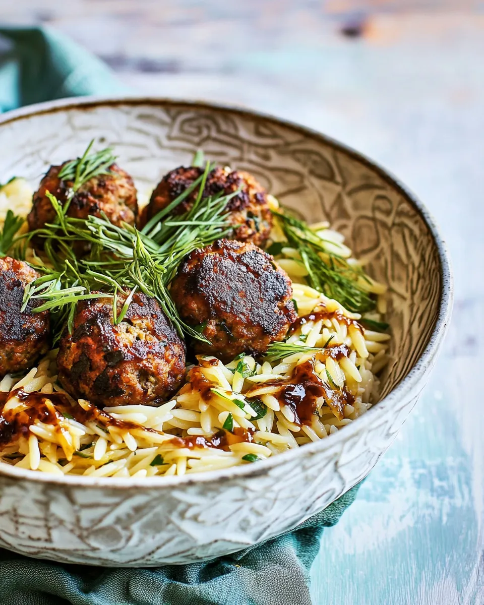 homemade One Skillet Greek Meatballs and Lemon Butter Orzo. photo