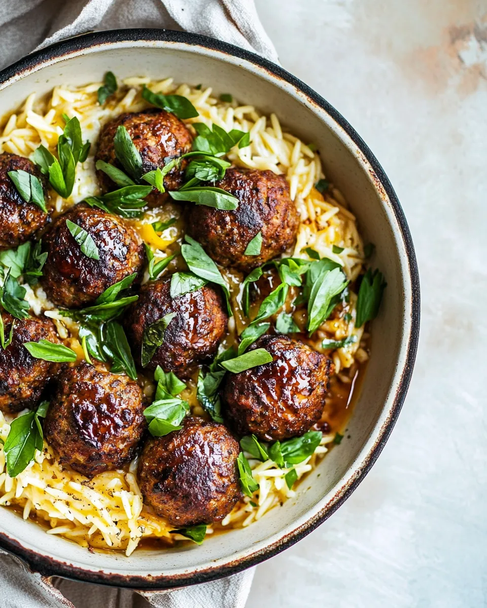 easy One Skillet Greek Meatballs and Lemon Butter Orzo. picture