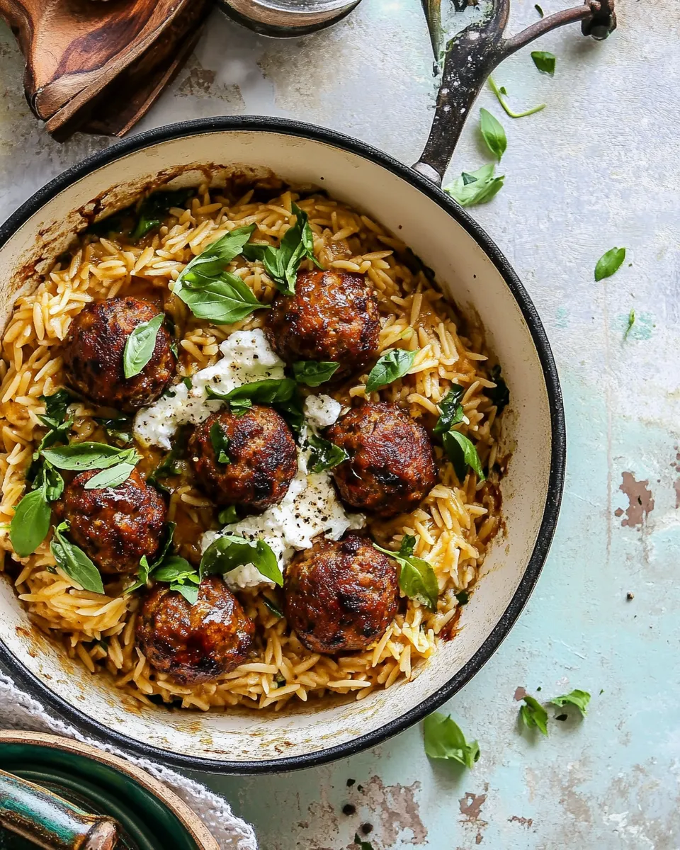delicious One Skillet Greek Meatballs and Lemon Butter Orzo. shot