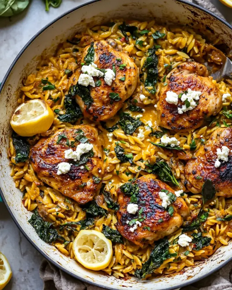homemade One Skillet Lemon Butter Dijon Chicken and Orzo with Feta Sauce. photo