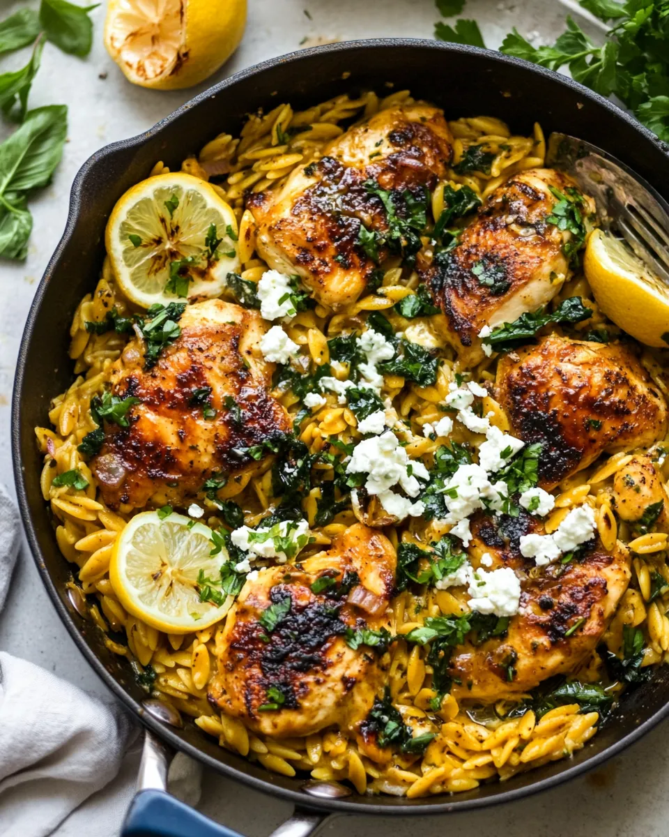 classic One Skillet Lemon Butter Dijon Chicken and Orzo with Feta Sauce. image