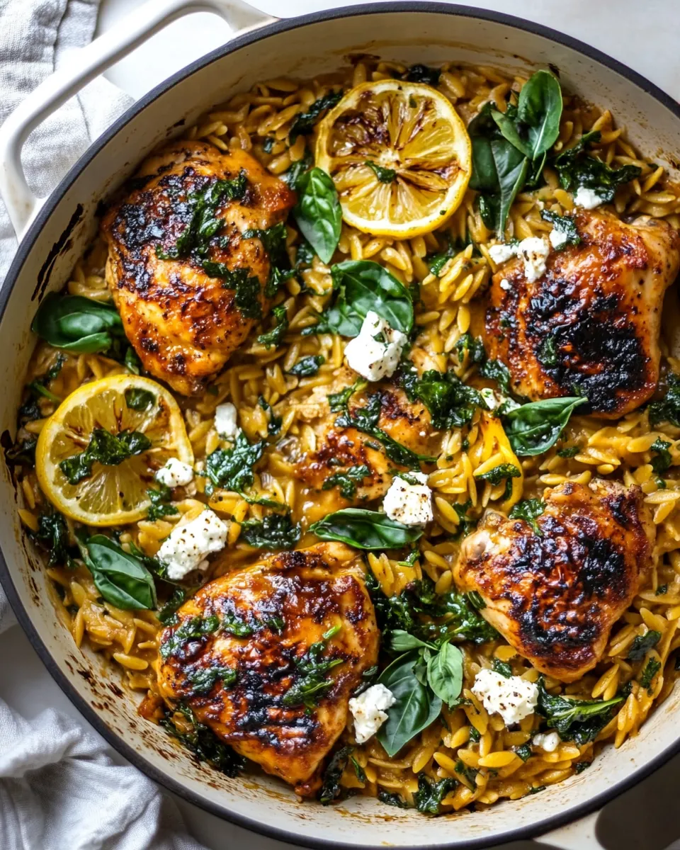 easy One Skillet Lemon Butter Dijon Chicken and Orzo with Feta Sauce. picture