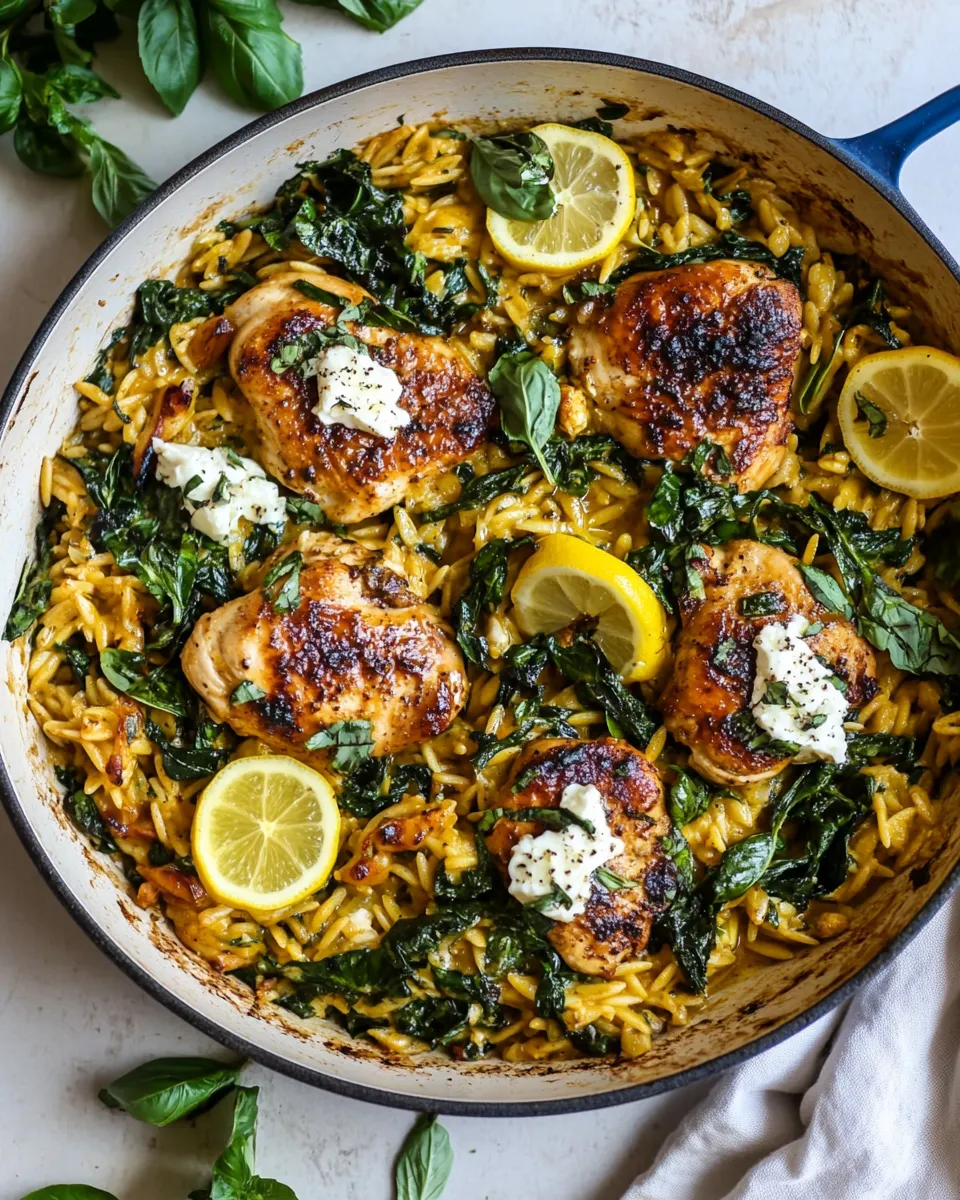 delicious One Skillet Lemon Butter Dijon Chicken and Orzo with Feta Sauce. shot