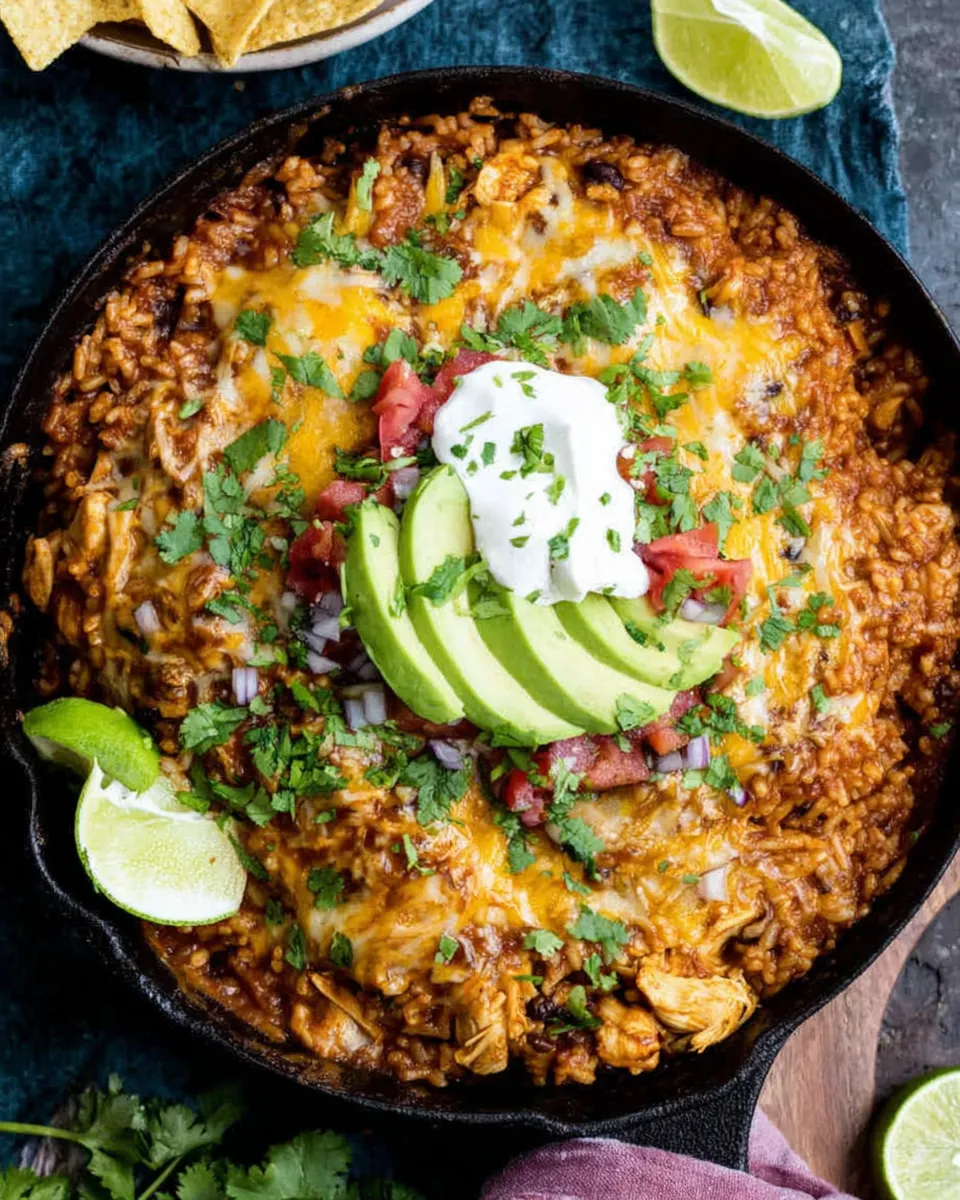 Classic One Skillet Saucy Chicken Tortilla Enchilada Rice Bake. dish photo