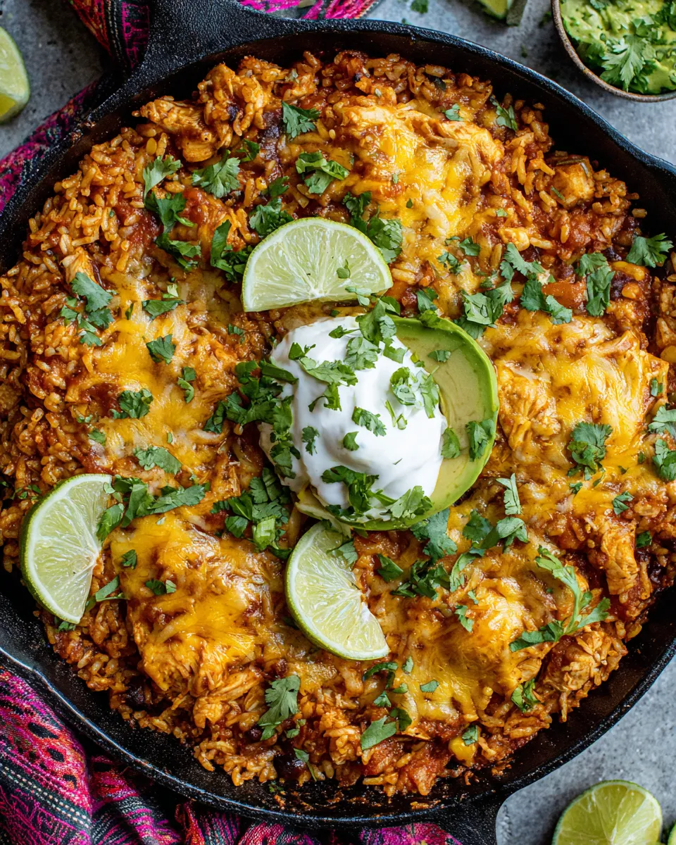 Easy One Skillet Saucy Chicken Tortilla Enchilada Rice Bake. food shot