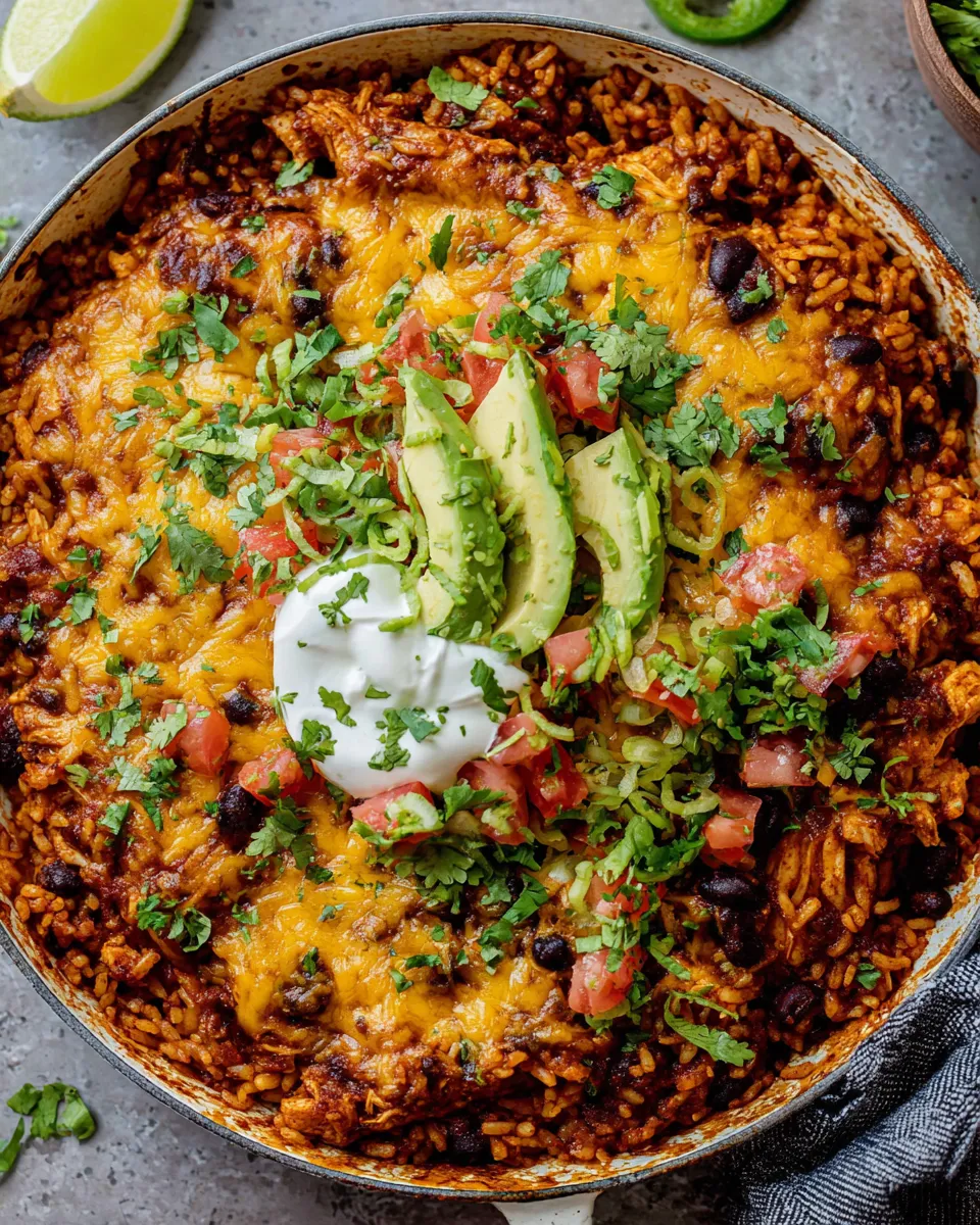 Delicious One Skillet Saucy Chicken Tortilla Enchilada Rice Bake. picture