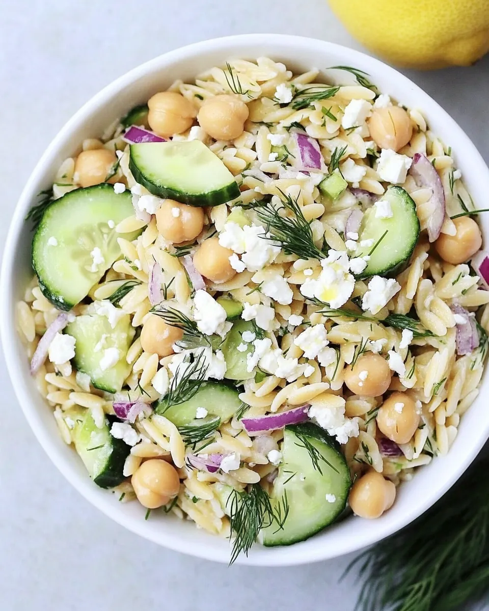 Homemade Orzo Salad with Chickpeas, Cucumbers, Lemon, Dill, & Feta photo