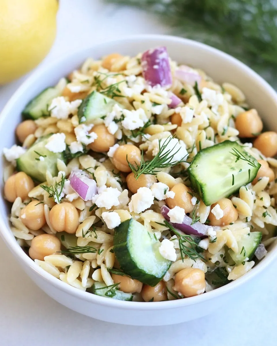 Delicious Orzo Salad with Chickpeas, Cucumbers, Lemon, Dill, & Feta dish photo