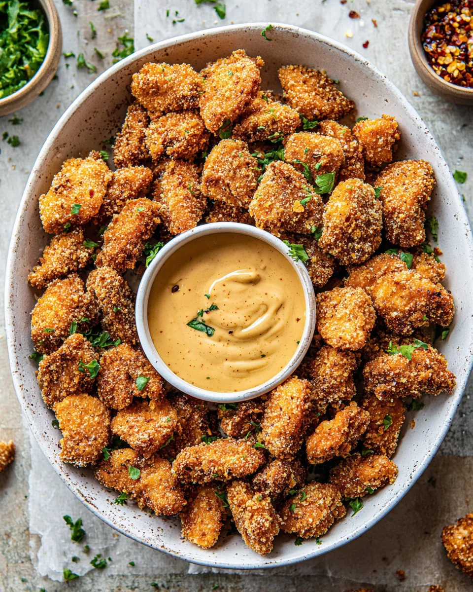 Homemade Oven Fried Cajun Popcorn Chicken with Creamy Honey Mustard. food shot