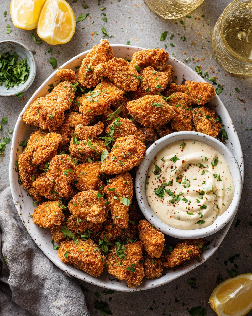 Easy Oven Fried Cajun Popcorn Chicken with Creamy Honey Mustard. plate image