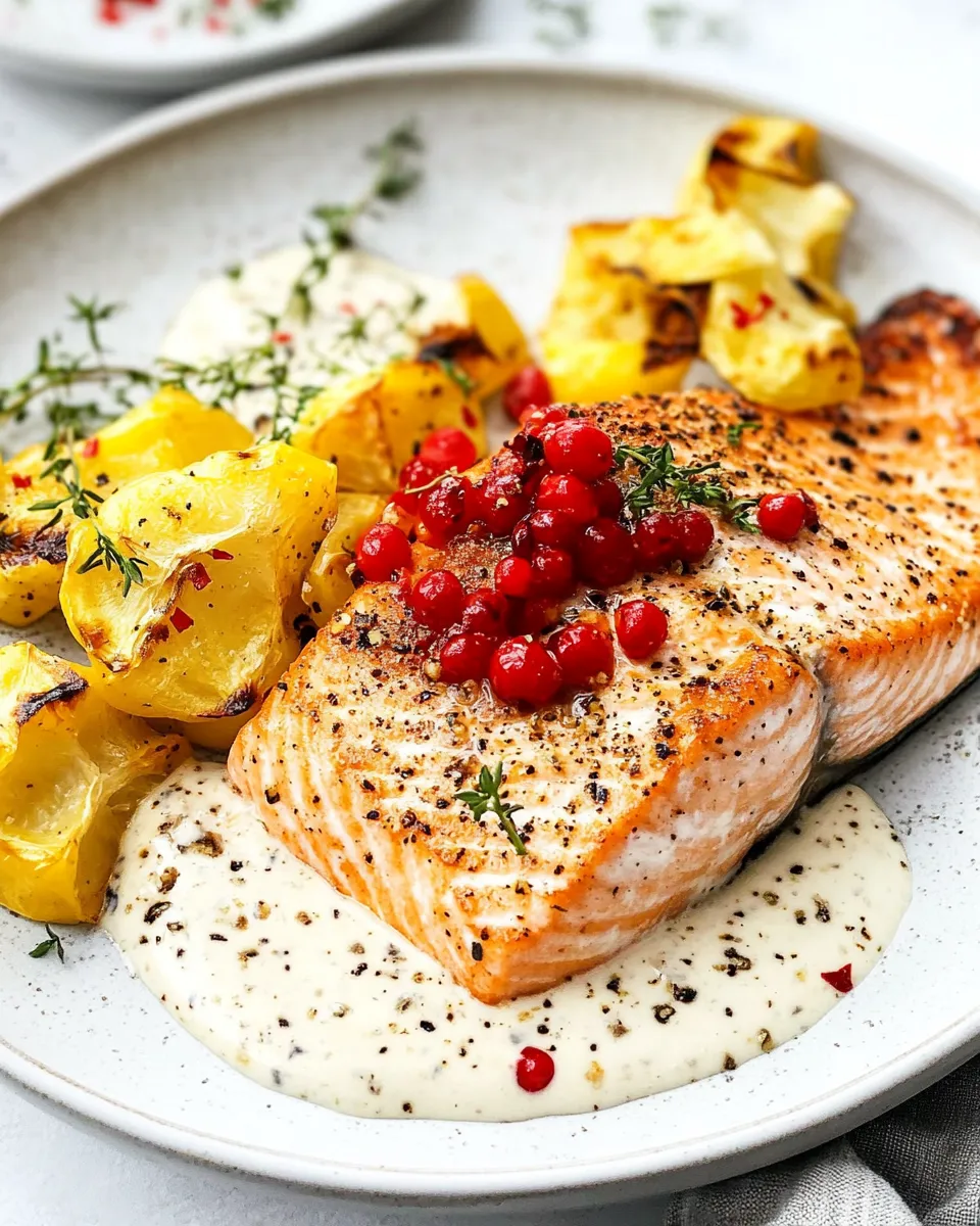 Delicious Oven Roasted Salmon with Pink Peppercorn Sauce dish photo