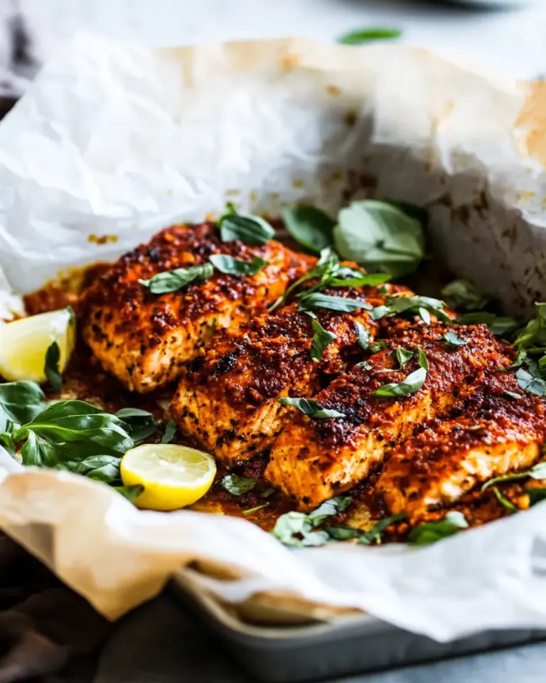 Homemade Parchment Baked Roasted Red Pepper Salmon. photo