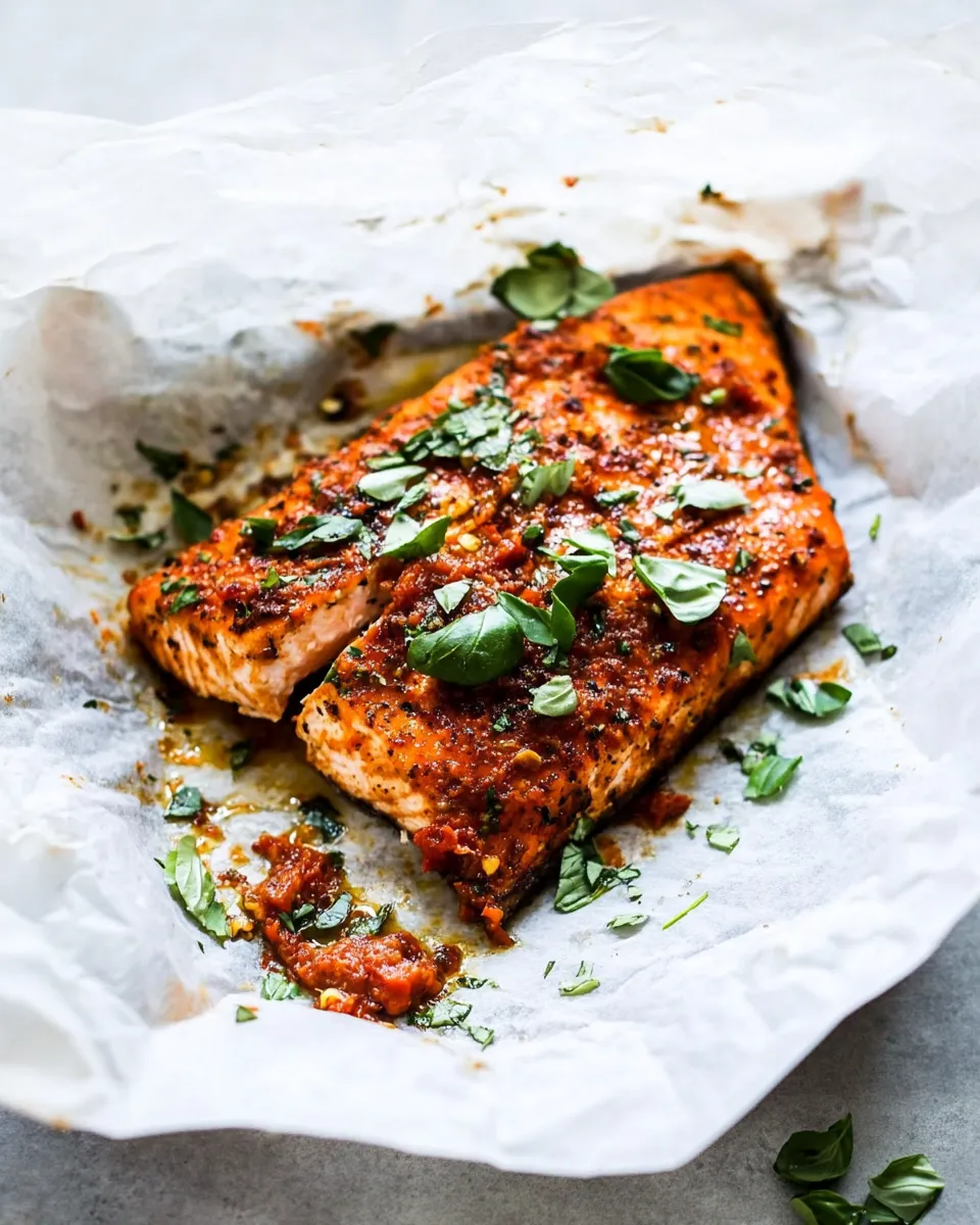 Delicious Parchment Baked Roasted Red Pepper Salmon. shot