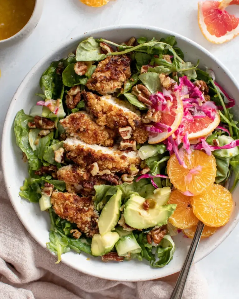 Delicious Pecan Crusted Chicken Salad with Triple Citrus Vinaigrette. recipe photo