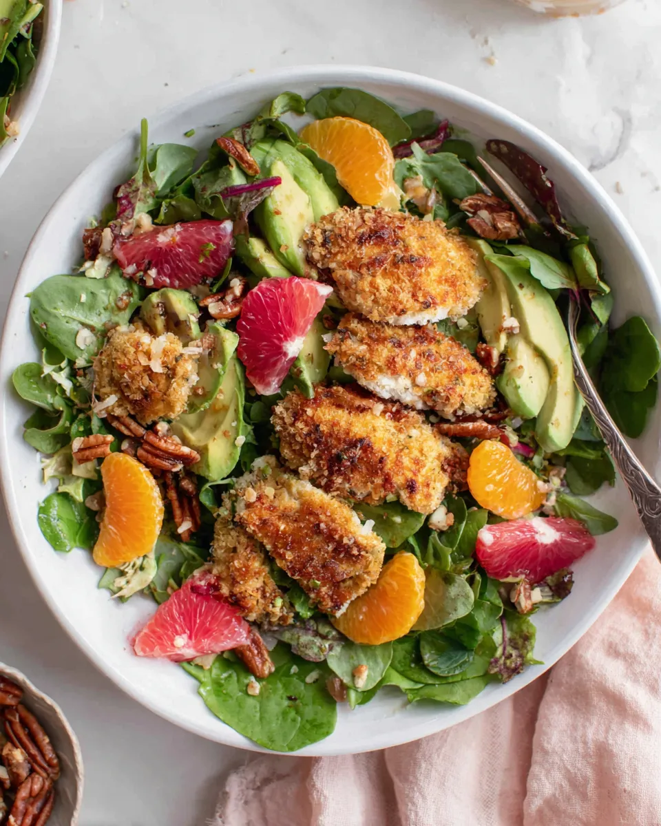 Healthy Pecan Crusted Chicken Salad with Triple Citrus Vinaigrette. food shot