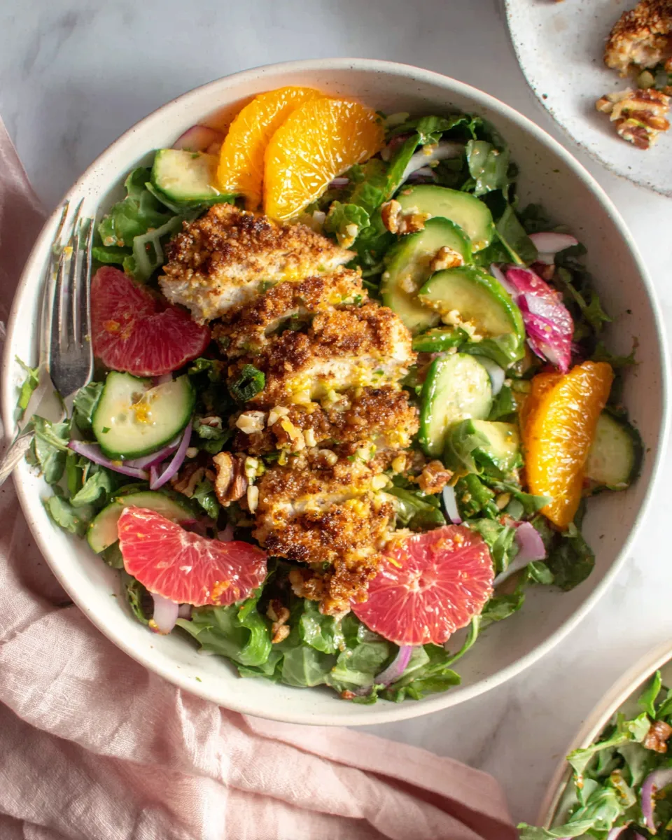 Fresh Pecan Crusted Chicken Salad with Triple Citrus Vinaigrette. plate image