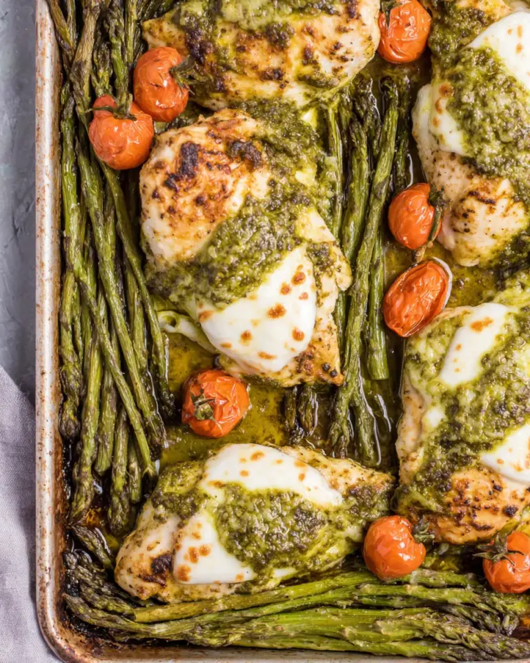 Homemade Pesto Mozzarella Chicken Sheet Pan Meal photo